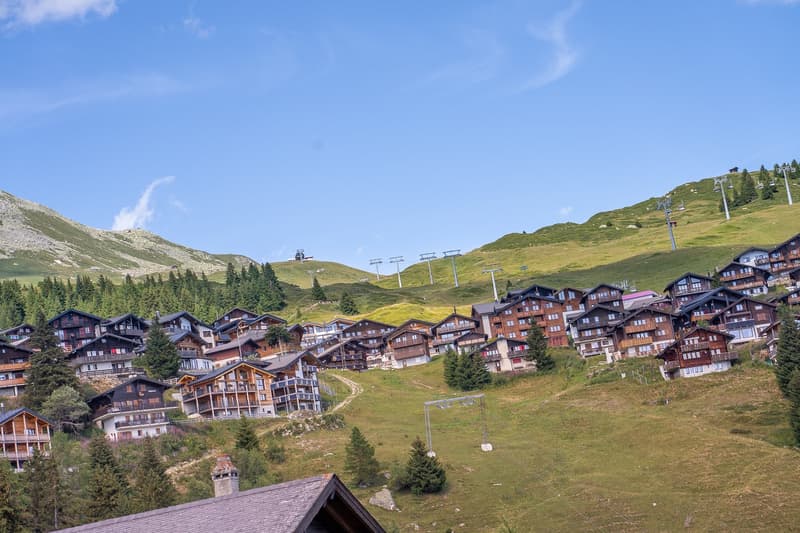 Multiple houses on the hillside, wooden exterior, located near a mountain and ski lifts.
