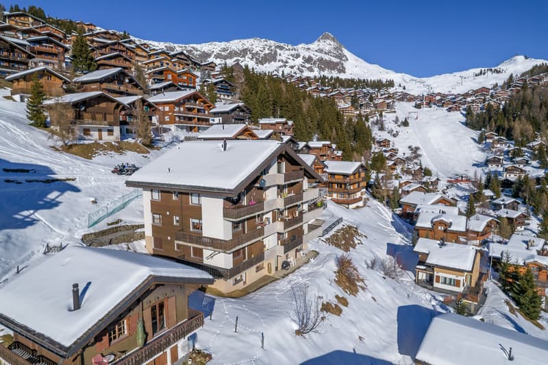 Alpine village, snow-covered, wooden buildings, ski slope, distant mountain peak, clear blue sky, residential structures, lush trees