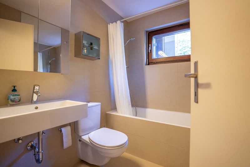 Modern bathroom with beige tiles, white sink, shower, bathtub, and mirror. There is a soap dispenser on the sink and a tissue roll mounted on the wall. A white shower curtain separates the shower from the rest of the bathroom.
