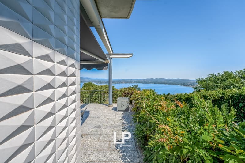 white mosaic wall, terrace, metal railing, lake view, clear sky, plants