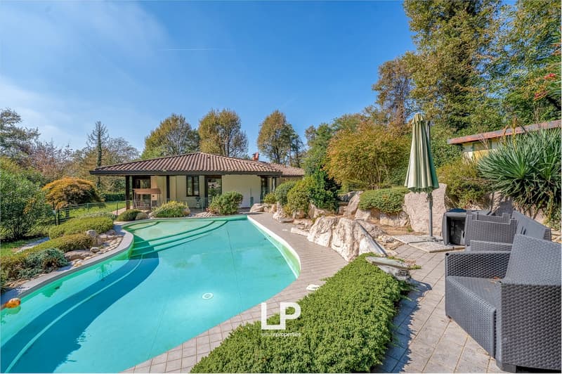 House with swimming pool, tiled roof, garden, patio with lounge chairs, umbrella, and a small shed