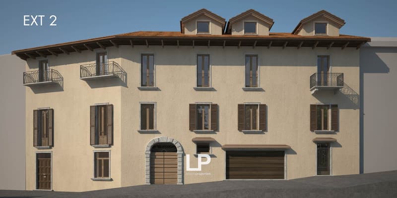 3 story house, beige walls, brown wooden garage, multiple windows, balconies