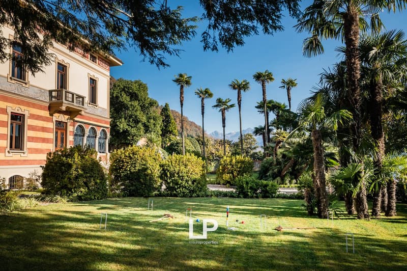 Lawn with trees, outdoor toys, building in background, sunny day