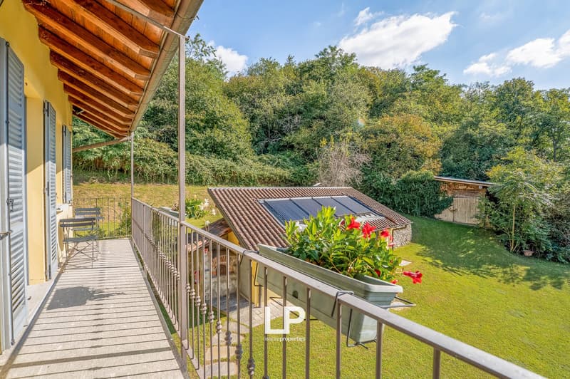 Balcony with table and chairs, solar panels on roof, well-maintained garden, surrounding greenery, small shed