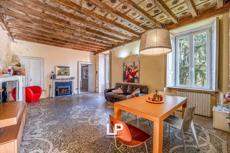ample space, wooden ceiling, fireplace, wooden dining table, leather sofa, chairs