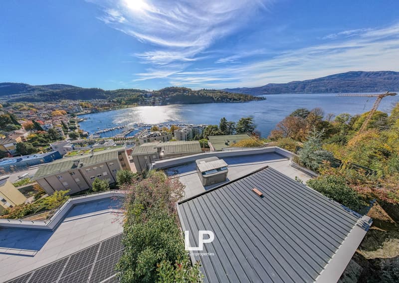 Aerial view of luxury villas, modern architecture, large green spaces, lake, mountains, solar panels
