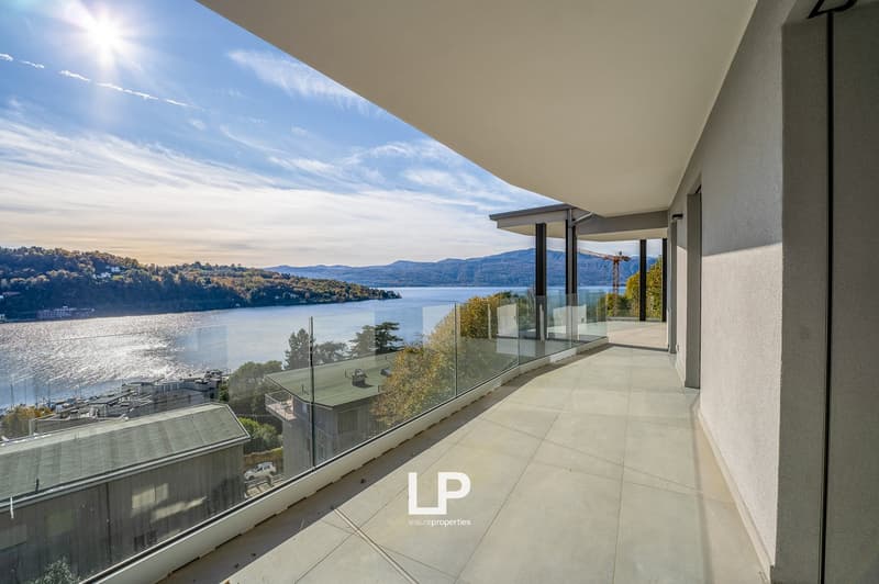 glass railings, view of lake and mountains