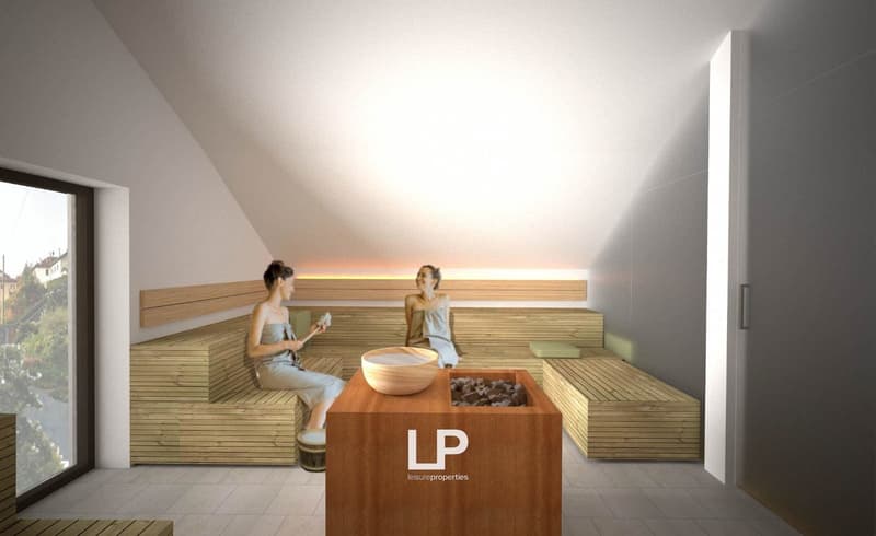 Sauna room with wooden benches, wooden desk, glass window, drum, bucket, water bowl