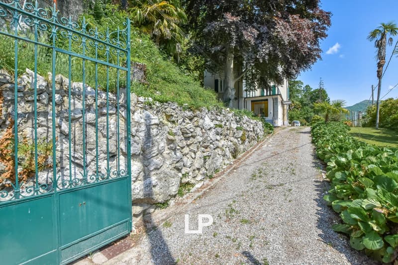 Villa entrance with stone wall, green gate, gravel driveway leading to house, palm tree, greenery, clear blue sky