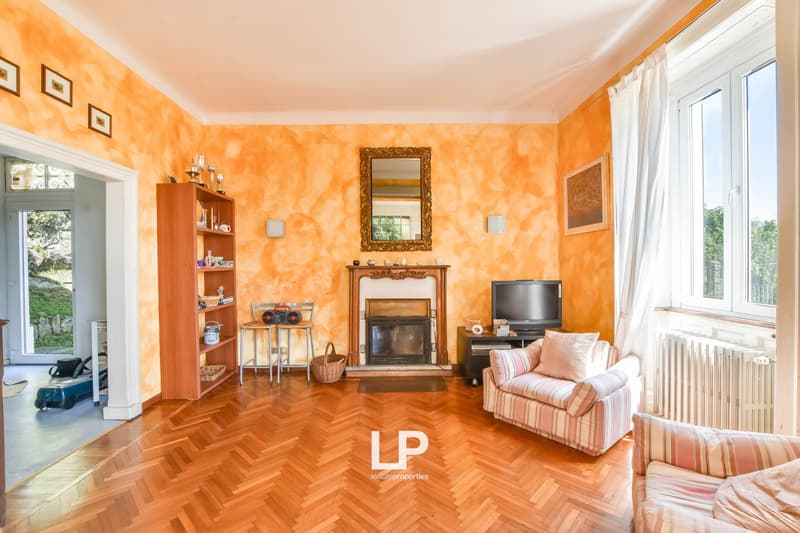 Orange walls, wooden floors, two sofas, fireplace, shelf, two chairs, TV, radiator