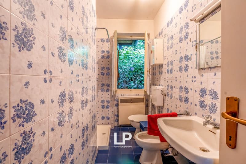 bathroom with shower, toilet, sink, and decorative blue floral tile on walls
