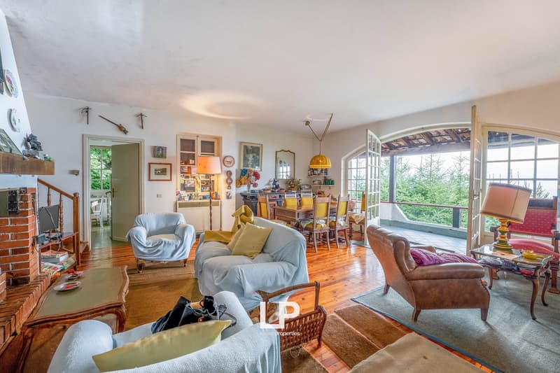 Open plan living room and kitchen, wood floors, fireplace, sofa, armchairs, dining table and chairs, chandelier, open to balcony, TV, bookshelf, artwork