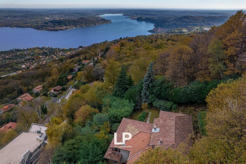 hillside property with a lake view, several houses and villas, surrounded by trees and mountains