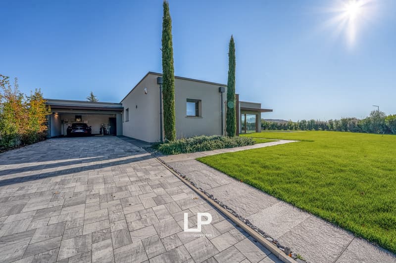House with a tiled driveway, a garage with a door leading to a spacious living area, a car parked inside, surrounded by trees and greenery with a scenic view.