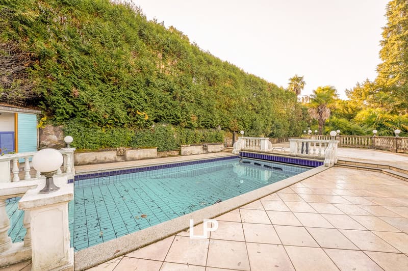 Outdoor swimming pool with white and blue tiles, surrounded by tiled pathway, white railings, and a hedge.