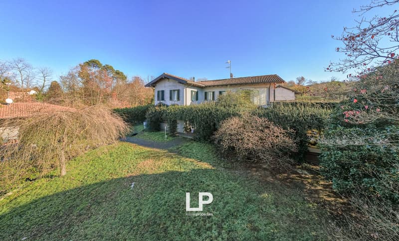 detached house with garden, large windows, red roof, large front yard