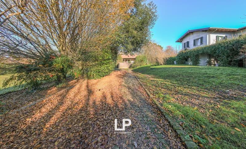 Two-story house with a large garden and trees, brick driveway, clear sunny day, dry leaves on the ground