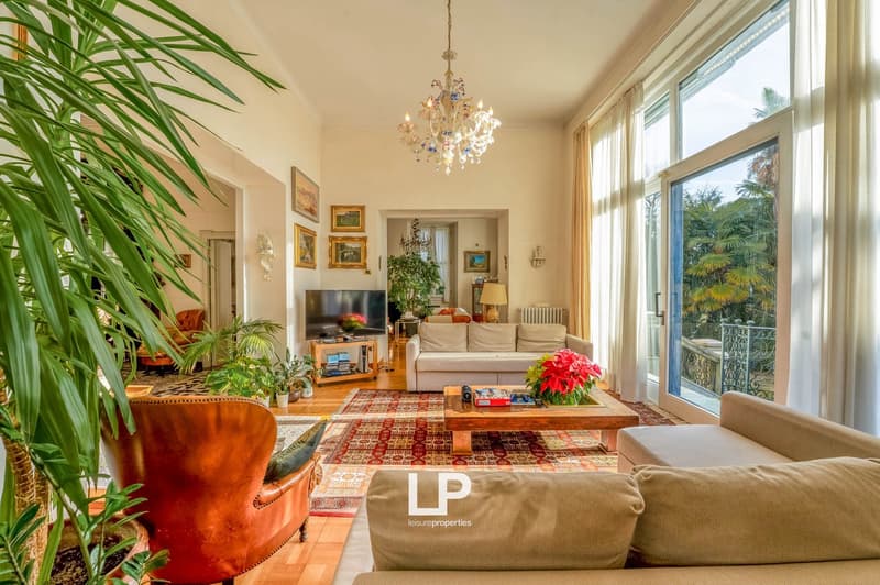 Large room with couches, armchair, coffee table, large windows, chandelier, plants, TV, rug