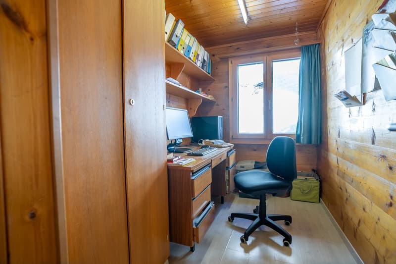 wooden floor, computer monitor, keyboard, computer, office chair, printer