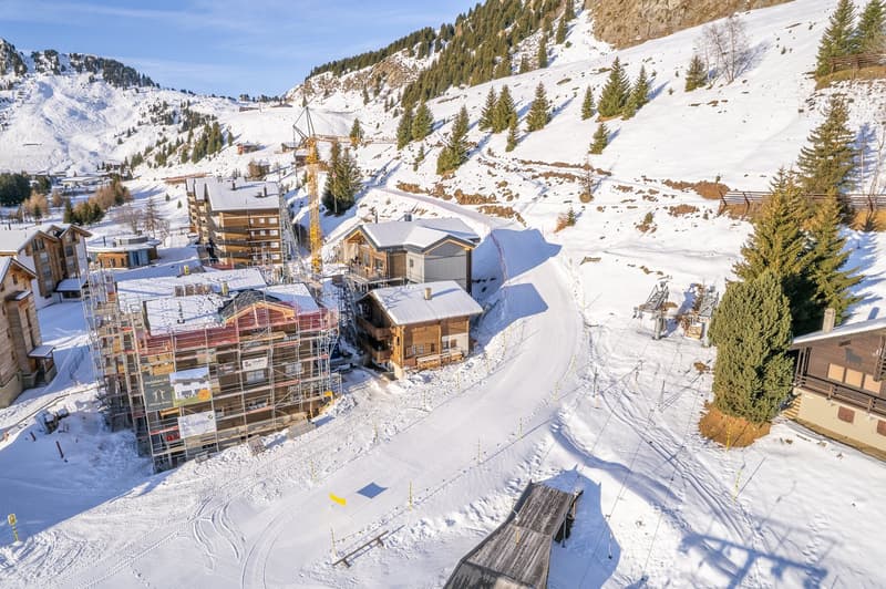 Wooden houses, snow covered mountain, ski lift in the background, trees and shrubs, a house under construction