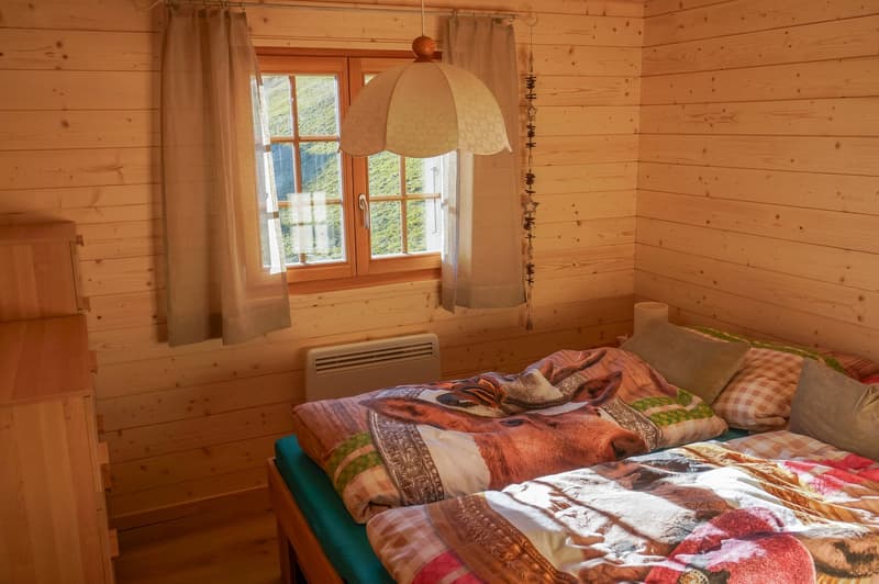 wooden wall, window, bed with animal printed bedding, lamp, wooden cabinet
