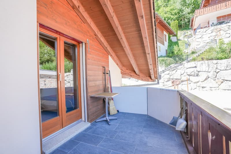 covered terrace with wooden railings and wooden flooring, access from living room, outdoor table and chairs, tools