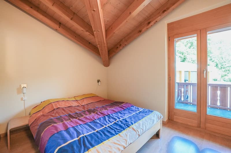 bedroom, bed, nightstand, lamp, wooden ceiling, balcony