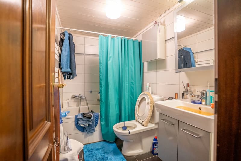 bathroom with bathtub, toilet, sink, shower curtain, shelves, radiator