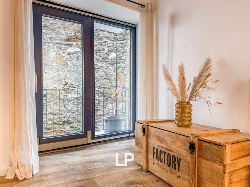 sliding glass door, balcony, potted plant, wooden crate, curtains