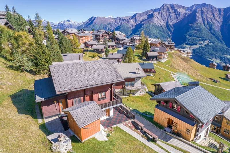 Group of detached chalets, wooden architecture, mountain view, surrounding greenery