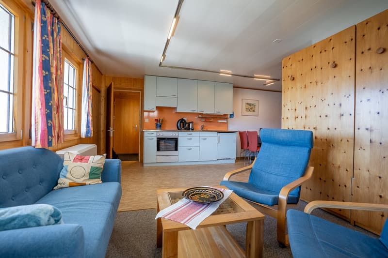A modern living room with a blue couch, a wooden coffee table, two wooden chairs, and a kitchen area with an oven and microwave. The room has a wooden floor and wooden wall, with a large window and curtains. The kitchen area is equipped with white cabinet
