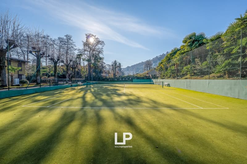Tennis court surrounded by chain link fence, bench on either side of net, trees and shrubs around, sunlight illuminating court