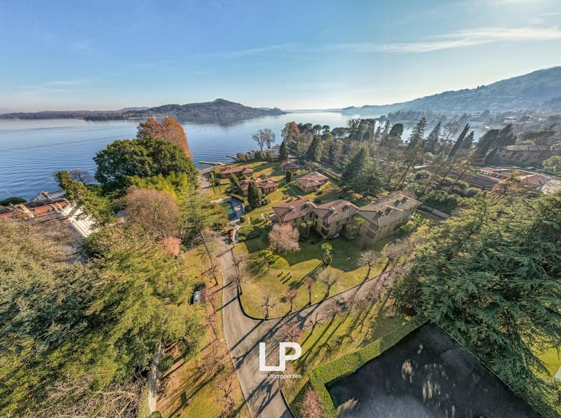 group of houses surrounded by trees and lawn with a scenic lake view
