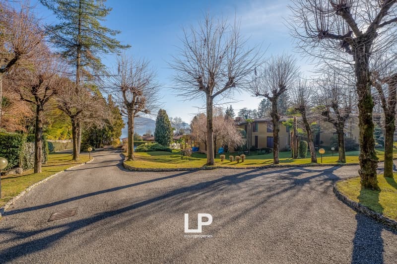 Long driveway lined with trees, gravel path, lush grass lawns, trees, lamp posts, distant house, mountains in the background.