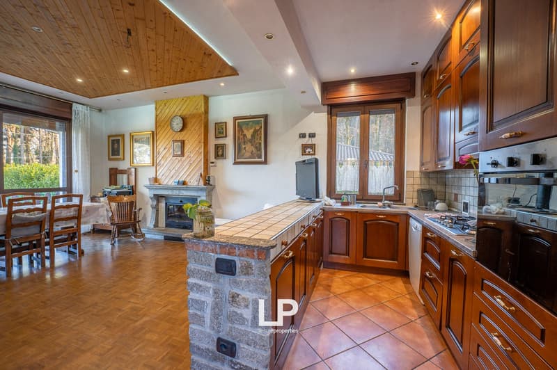 dining room and kitchen, fireplace, wooden furniture, ceiling