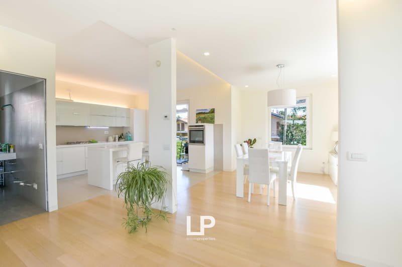 Spacious open-plan living area with a modern kitchen, dining table, and large windows providing natural light. The kitchen features white cabinets and appliances, including a visible dishwasher. The living room has a hardwood floor and a potted plant. Ove