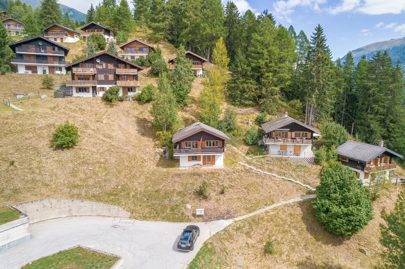 Multiple chalets clustered on a hillside, surrounded by greenery and mountains