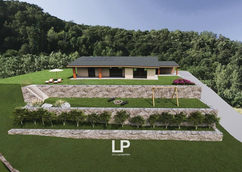 raised ground floor house, solar panels on roof, grassy yard, swing, pool, view