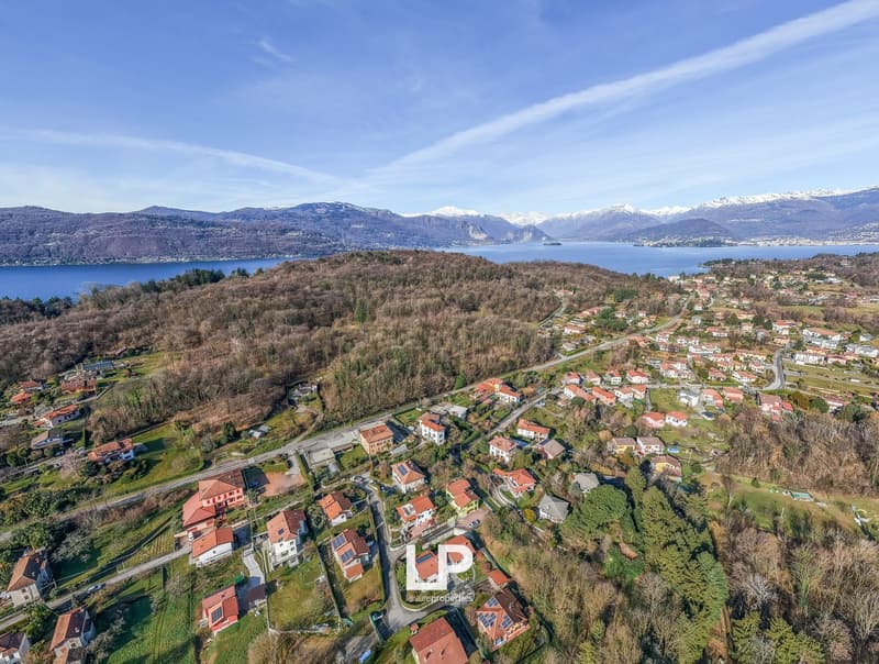Lake, snow-capped mountains, green hills, village with houses, trees, roads