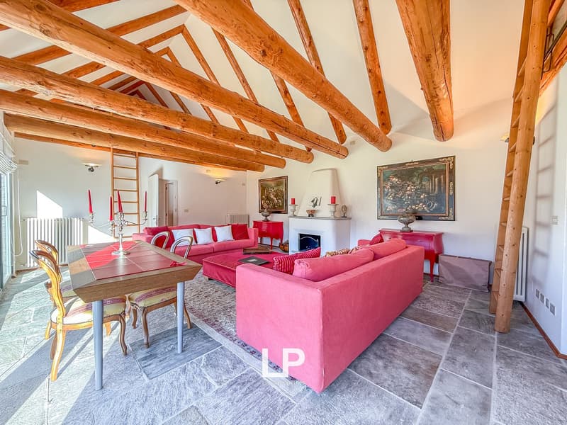 living room with wooden beams, fireplace, fireplace mantel, fireplace surround, white radiator, carpeted floor, two pink couches with pillows, red coffee table, two wooden chairs, wooden dining table, painting on the wall