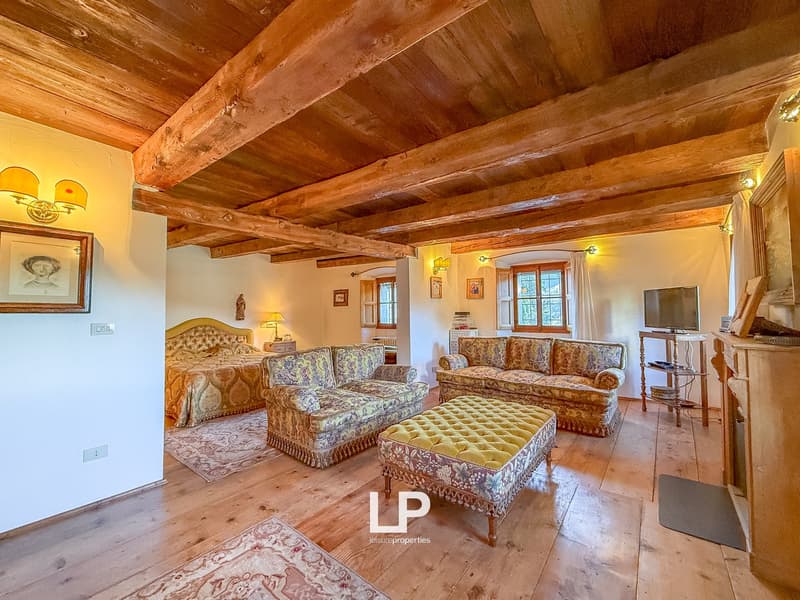 a room with hardwood floor, two couch, TV, sofa table, bed, lamps, picture frames, and fireplace