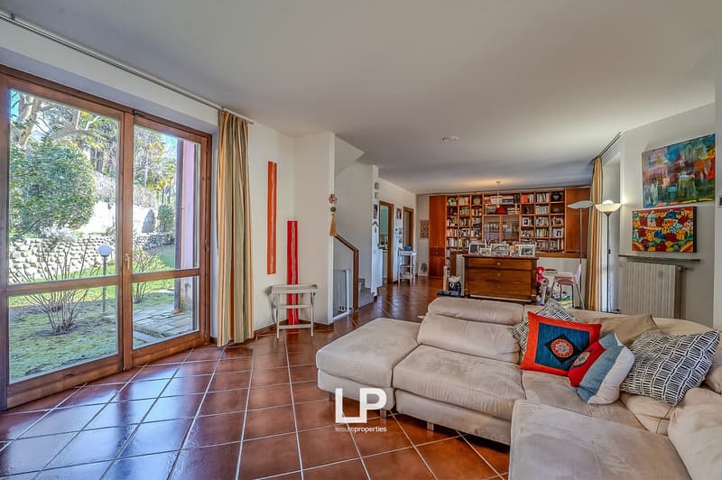 open-plan living room, large windows, sofa, bookshelf, fireplace, radiator