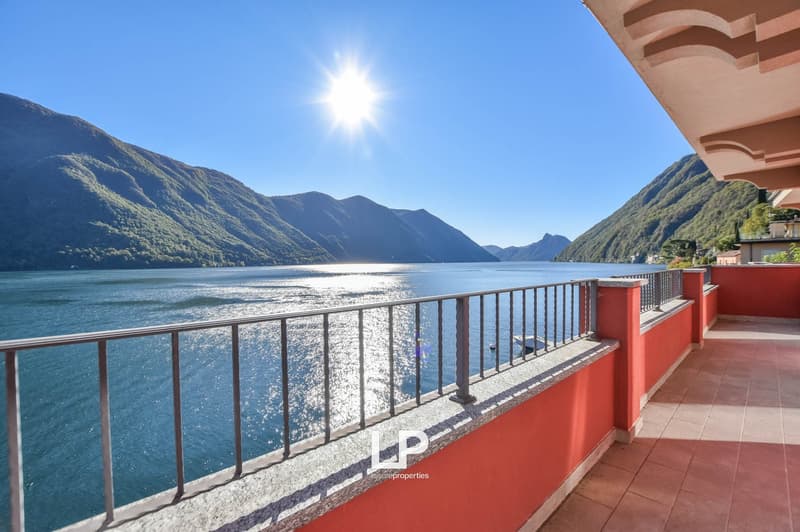 Balcony with lake view, red walls, grey railings, boat on lake