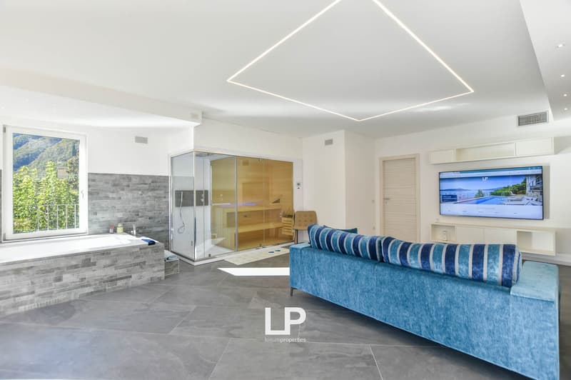 White walls, gray tile floor, blue sofa, steam shower, large window with balcony, flat-screen TV mounted on wall