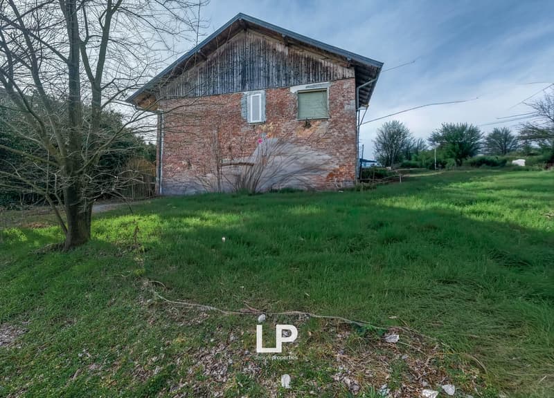 Old brick house, wooden roof, two windows, surrounded by grass, tree in front