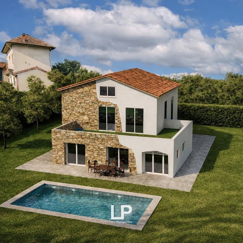 2 story house, stone and white walls, red roof, swimming pool, garden, dining table, chairs
