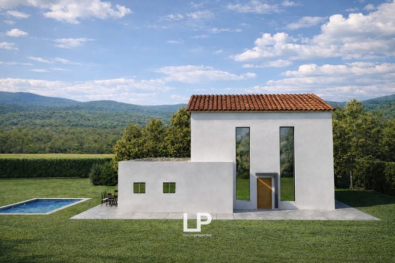 Modern white house, brown roof, large windows, swimming pool, wooden door, green lawn, mountains in the background