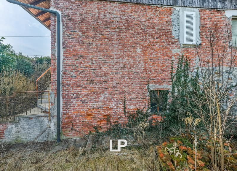 Old brick house, metal railing on stairs, small window, overgrown plants, wooden roof