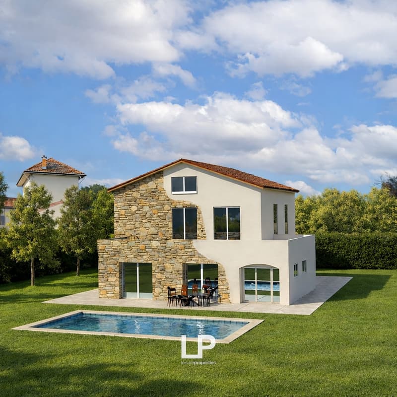 2 story house, stone and white walls, large windows, swimming pool, outdoor dining area