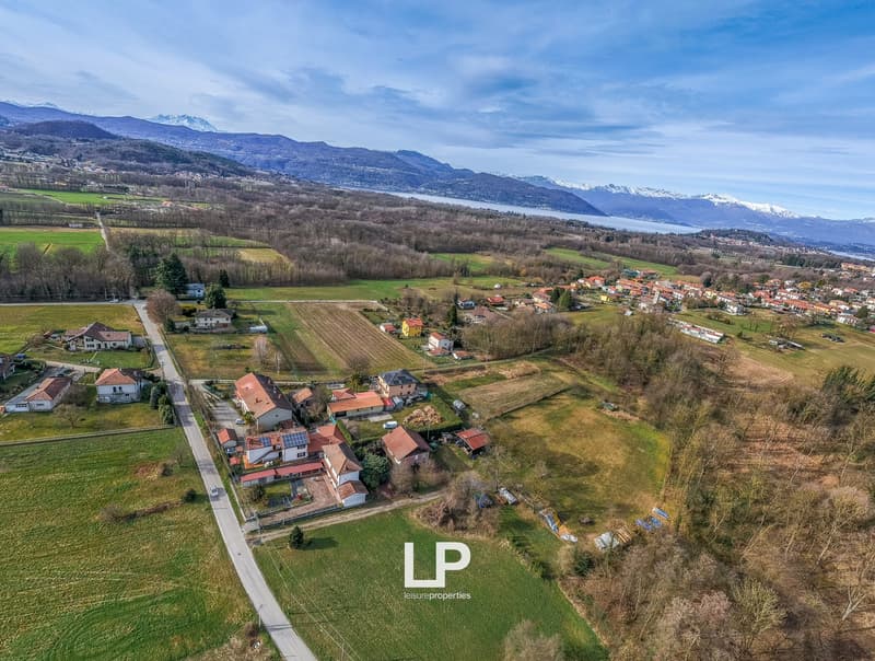 Aerial view of a village with houses, green fields, and a lake in the background